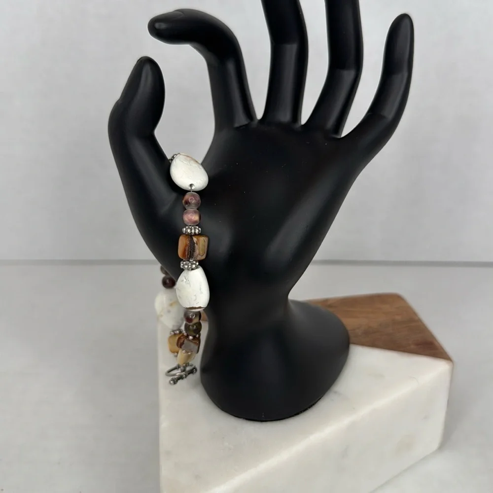 Vintage 925 marked Cream and Brown Beaded Bracelet with Earthy Accents lot C13